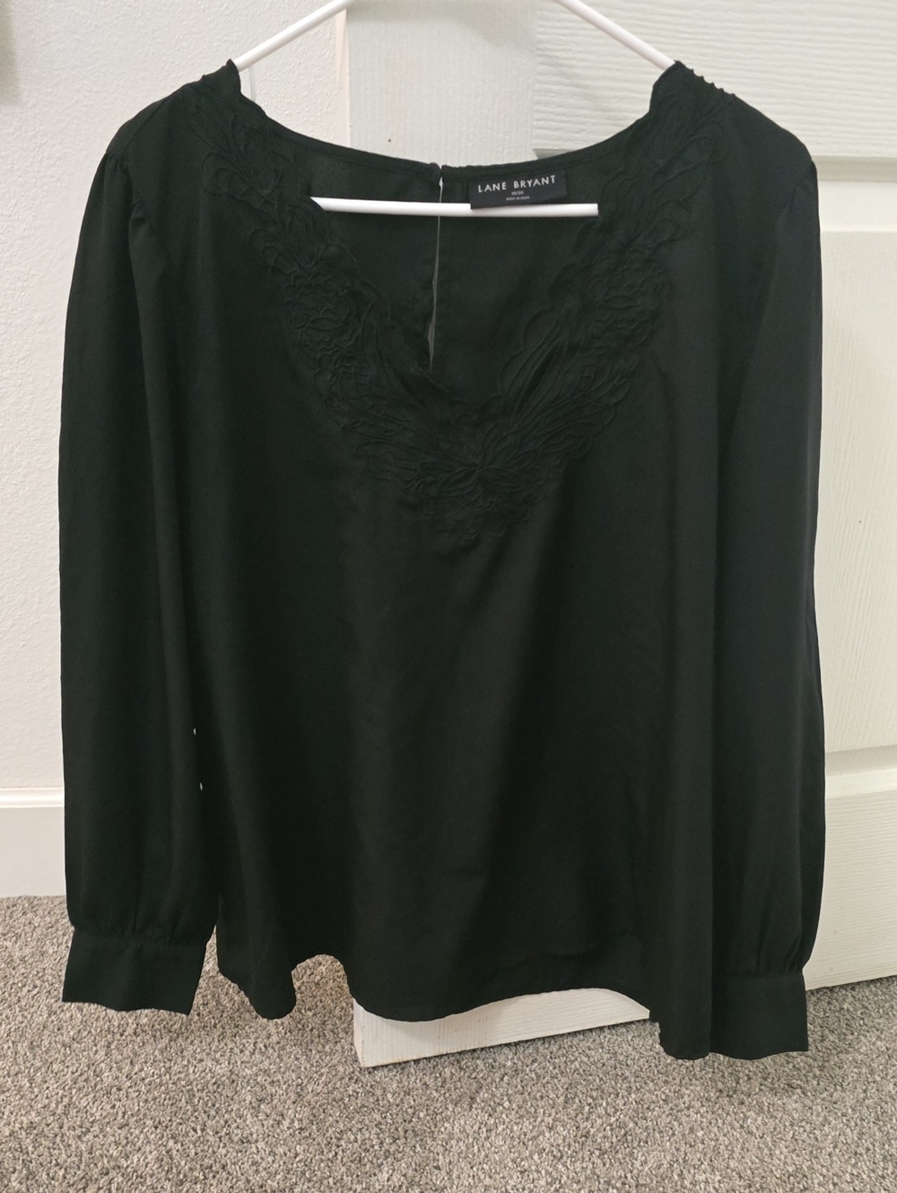 Lane Bryant Black V-Neck Embroidered Long-Sleeve Blouse